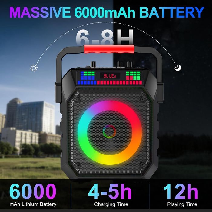 Máquina de Karaoke Portátil Bluetooth com 2 Microfones + Luzes RGB