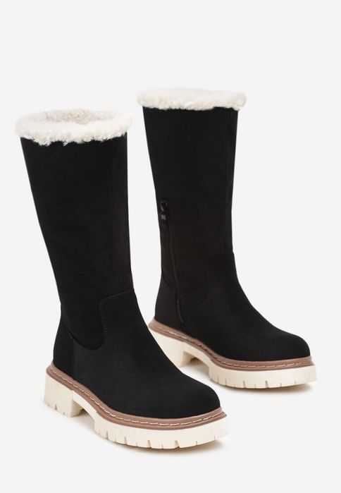 Czarne Botki z Długą Cholewką Ozdobioną Futerkiem R 36
