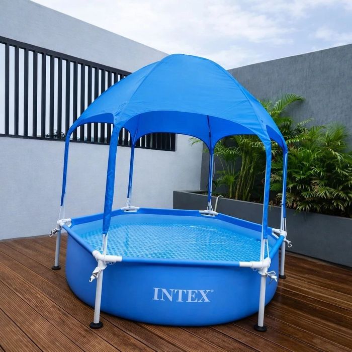 Каркасний дитячий басейн Intex 28209 (183×38 см) блакитний з навісом дашком душем фонтаном круглий для дітей