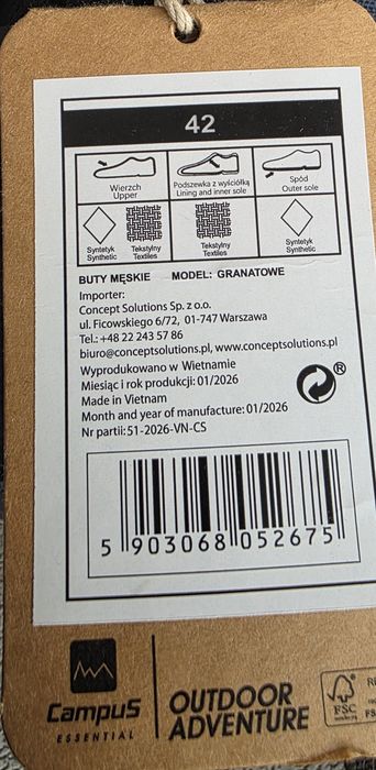 Męskie buty Campus, r. 42, granatowe (Nowe!) + GRATIS 5 par skarpet