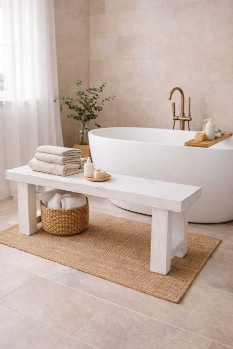 Rustykalna ławka do łazienki z drewna z odzysku – biała