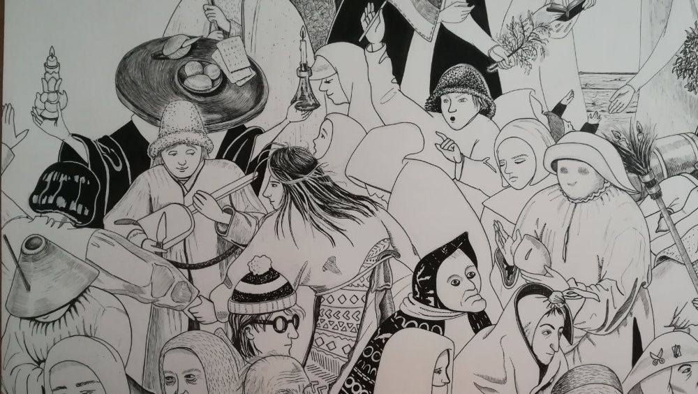 Desenho original a caneta Carnaval e Quaresma de Brueghel -42 x 59,4cm