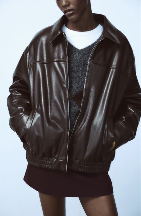 Шкіряна куртка Zara шоколад шкіряний бомбер Zara
