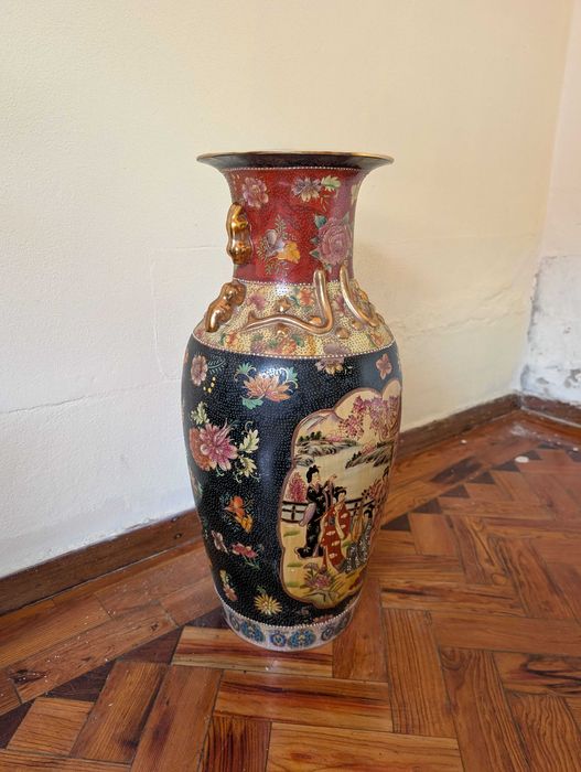 Jarrão decorativo estilo chinês – 63 cm – vermelho, preto e dourado