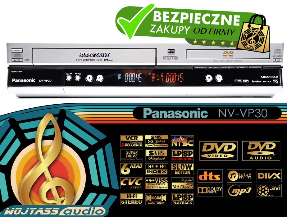 Panasonic NV-VP30 Combo | DVD-Audio CD | Magnetowid VHS 6 Głowic Hi-Fi Stereo | Super Drive | VISS | NTSC | Stan BDB | Do kaset z wesel i filmów