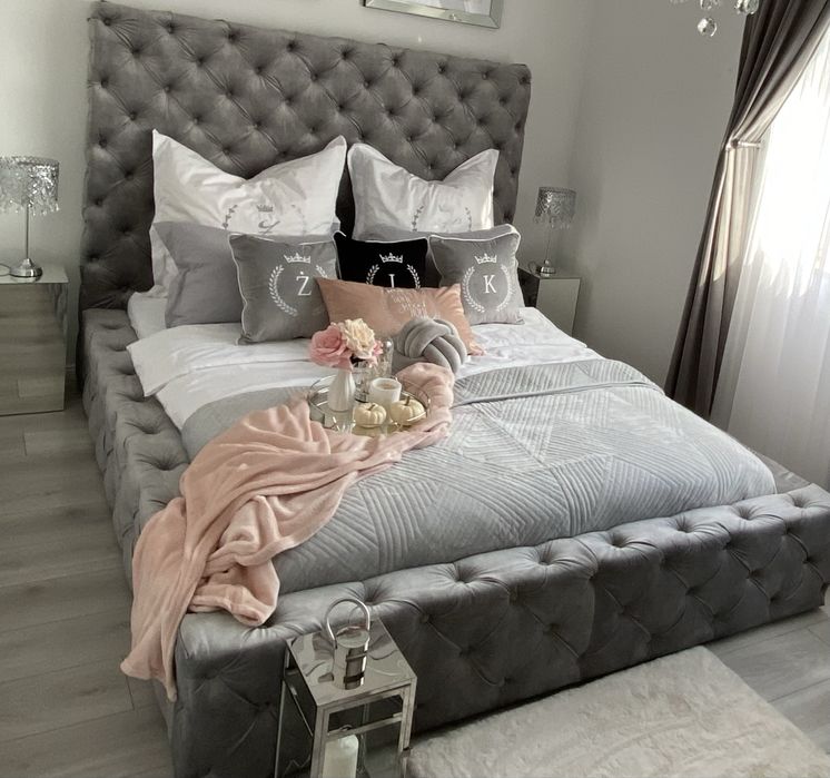 Lozko sypialnia pikowane , szare z pojemnikiem