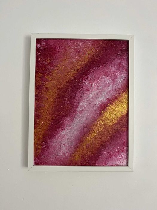 Pintura abstrata em acrílico em tons de rosa e dourado