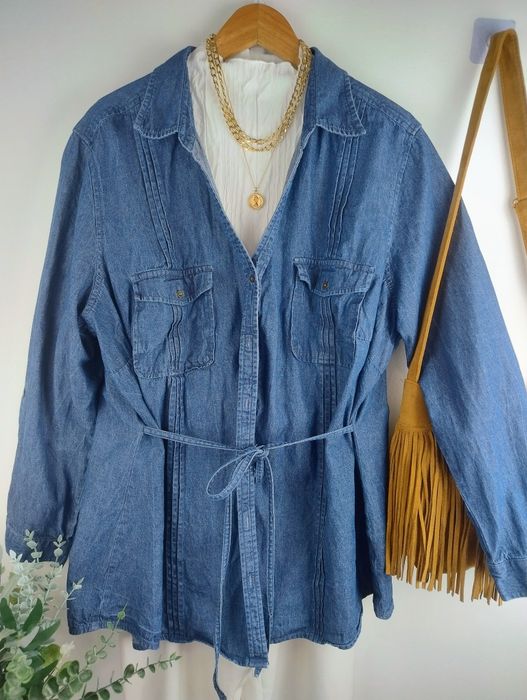 Koszula jeansowa kurtka narzutka John Baner 54 długa wiązana denim oversize plus size