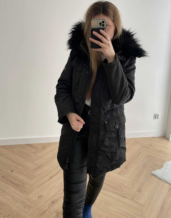 Khujo kurtka czarny płaszcz z kapturem vintage black 36 s m
