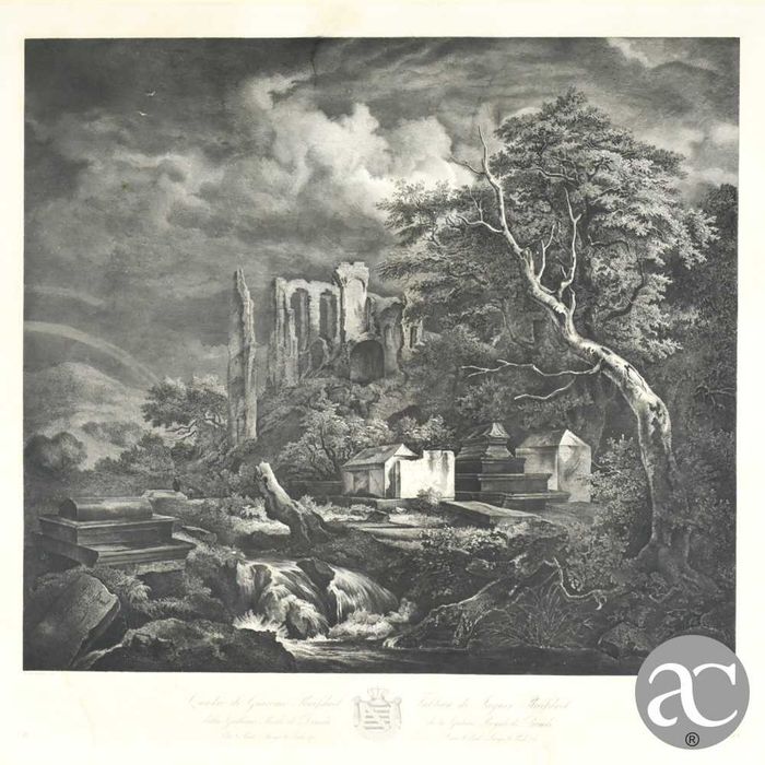 Gravura “Quadro di Giacomo Ruifdael”, emoldurada, 1865