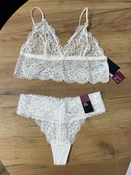 NOWY komplet bielizny H&M biustonosz + figi, biały, koronkowy M/L