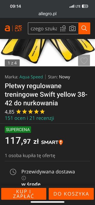 Płetwy  42-44 regulowane treningowe Swift yellow do nurkowania