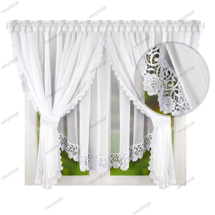 Bogate firany 150x400 z gipiurą i wiązaniami