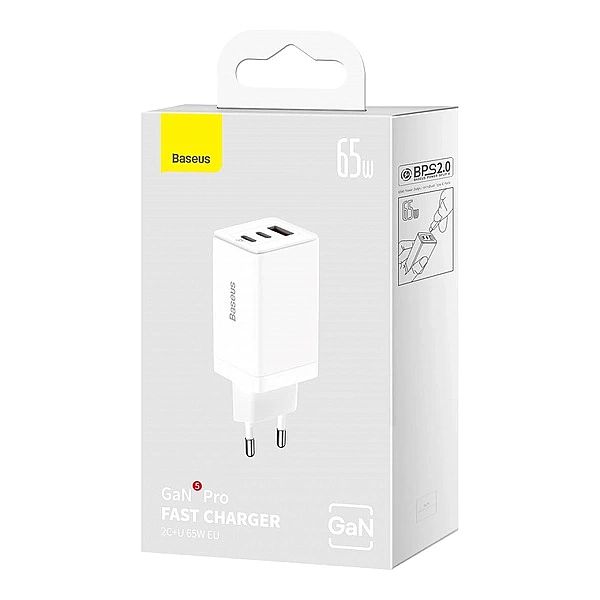 Szybka ładowarka sieciowa GaN 2xUSB C 1xUSB 65W Baseus GaN5 Pro + kabe