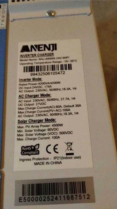 Сонячний гібридний інвертор ANENJI ANJ-4000W-24V-WIFI 4,2кВт