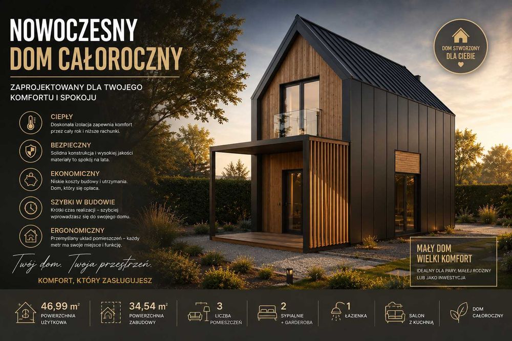 Nowoczesny dom całoroczny 46,99 m² | Energooszczędny | Możliwość budowy na zgłoszenie
