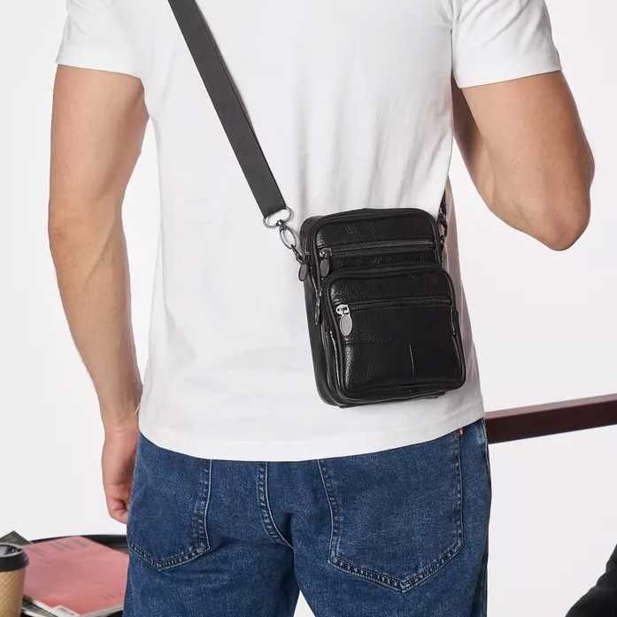 Стильна чоловіча шкіряна сумка через плече, з натуральної шкіри, чорна