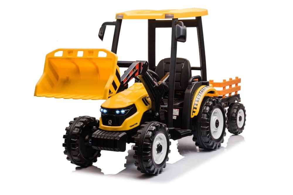Wielki traktor na akumulator TITAN 24V 2x200W z przyczepką łyżką + kabina żółty