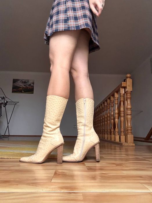 Кремові шкіряні чоботи, сапожки на підборах (Made in Italy, Vero Cuoio