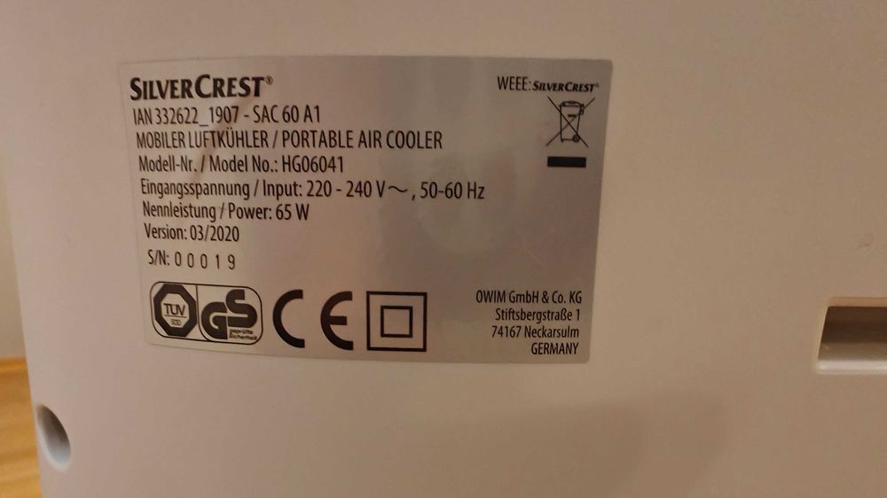 Klimatyzator Przenośny SilverCrest - 65W | 100% Sprawny | Na wodę!