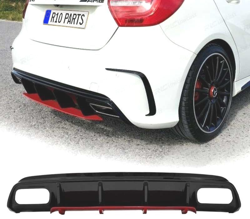 DIFUSOR TRASEIRO MERCEDES CLASSE A W176 AMG 12-18 LOOK A45 AMG PRETO BRILHANTE VERMELHO