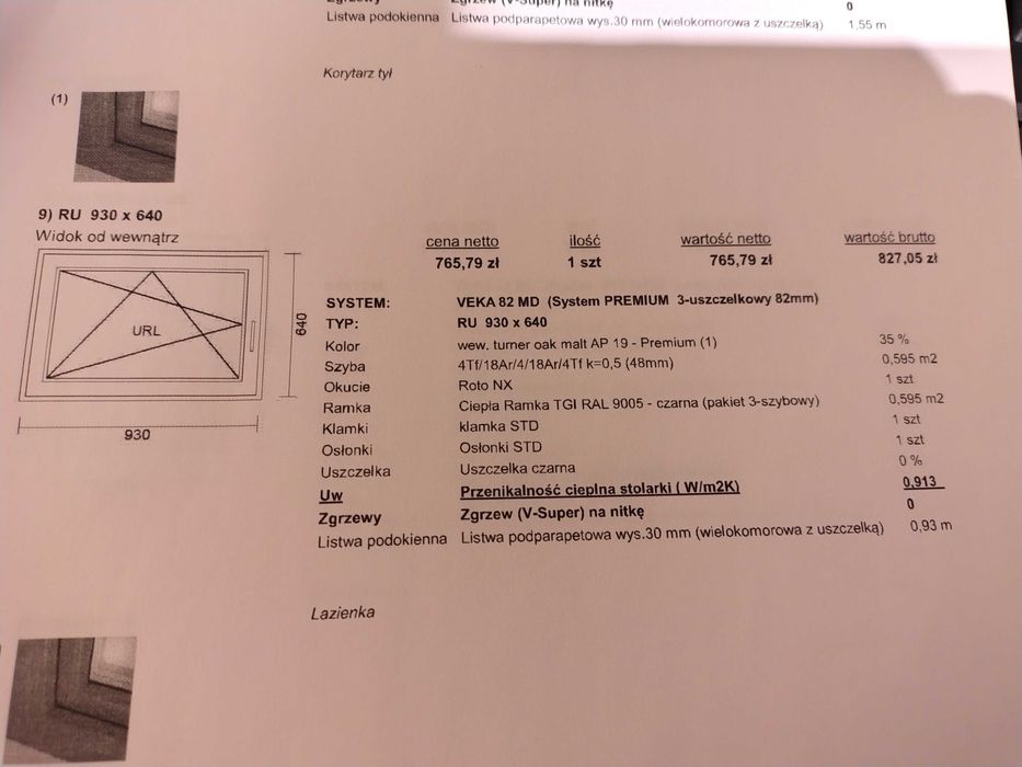 Okno łazienkowe VEKA 930x640 3 szybowe