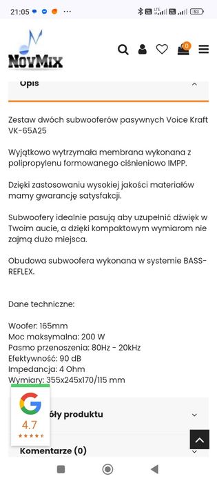 Kolumna glośnik Voice Kraft VK65A25 gratis wzmacniacz