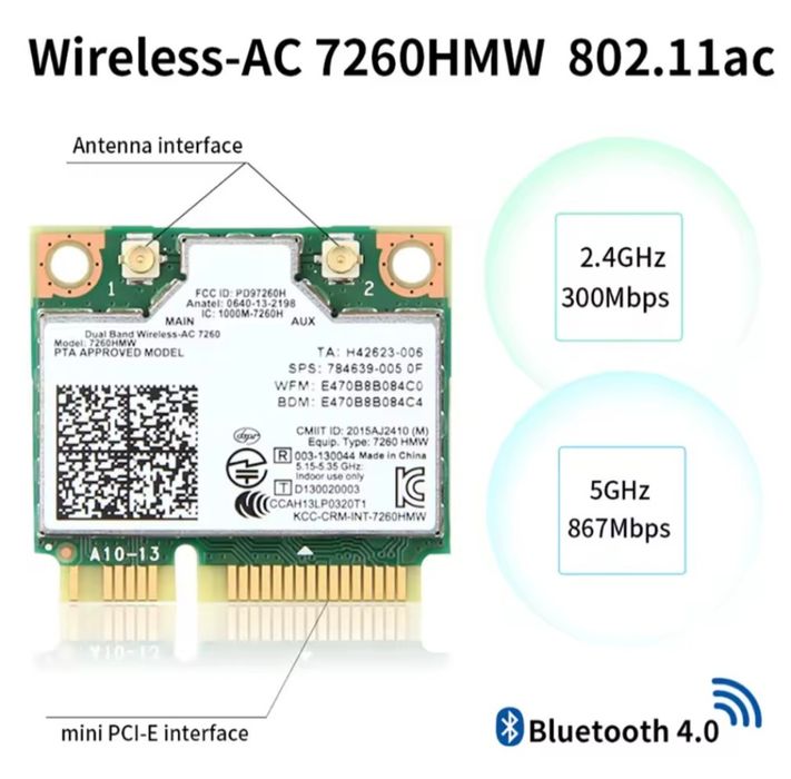 Wi-Fi адаптер Intel 7260 HMW AC, 2,4 GHz, 5 GHz, b/g/n/ac, Bluetooth