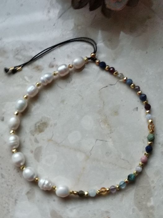 Bransoletka perły srebro kamienie misio nić jedwabna topaz  wodnik