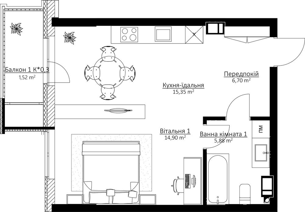 Продається 1-кімнатна квартира, 45 м² - м.Почайна, ЖК Boston Creative House