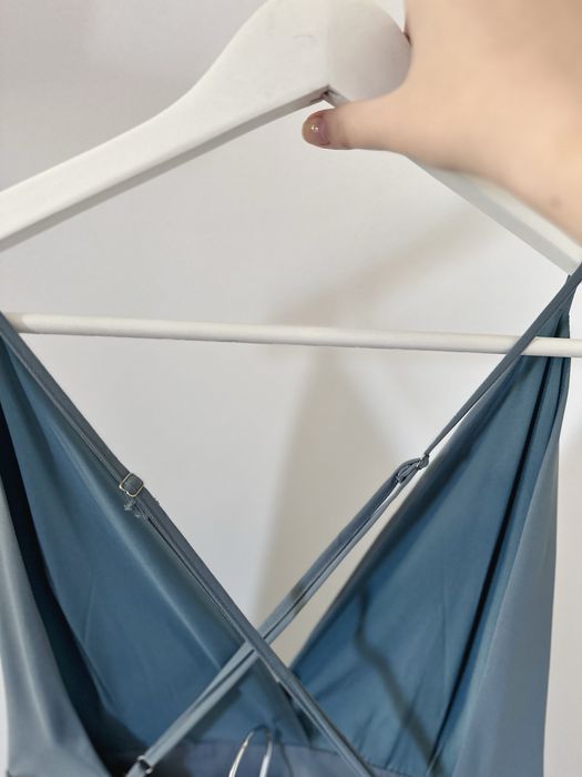 Stalowo-niebieska wizytowa sukienka suknia maxi maksi letnia zwiewna