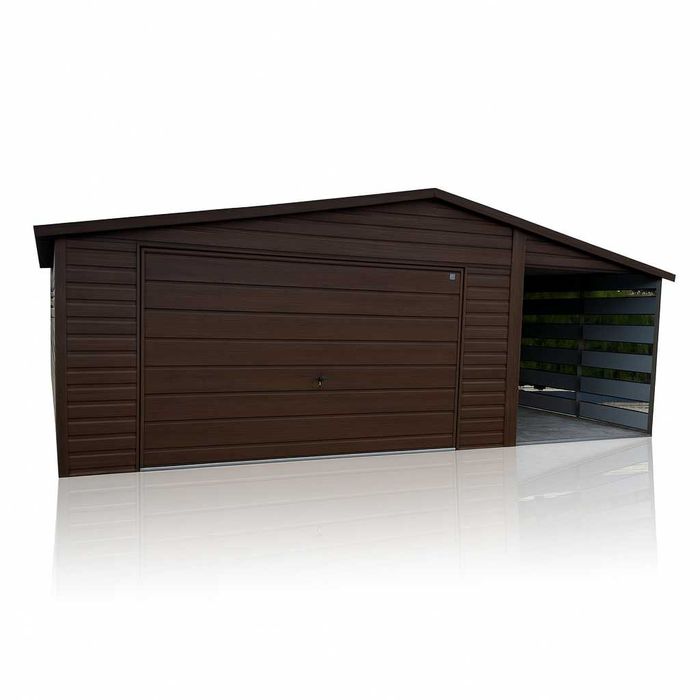 Garaż blaszany Ciemny Orzech 6×5 Dwuspadowy + Wiata Panelowa PREMIUM