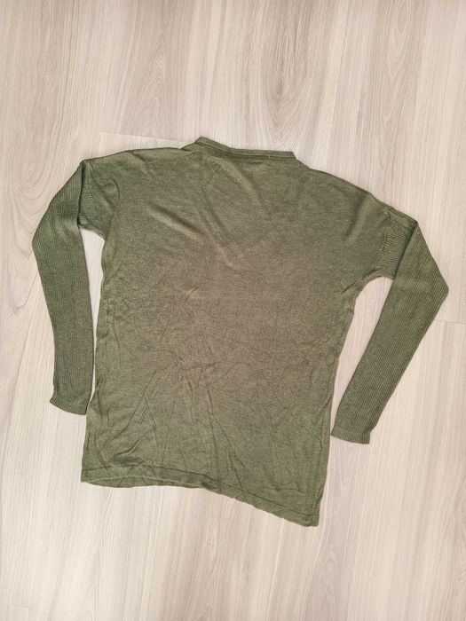 Damski sweter sweterek dopasowany dekolt v brokat khaki zielony 36