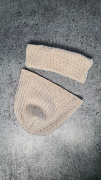 Komplet czapka i mały komin 100% Kaszmir. Warkoczowy splot.