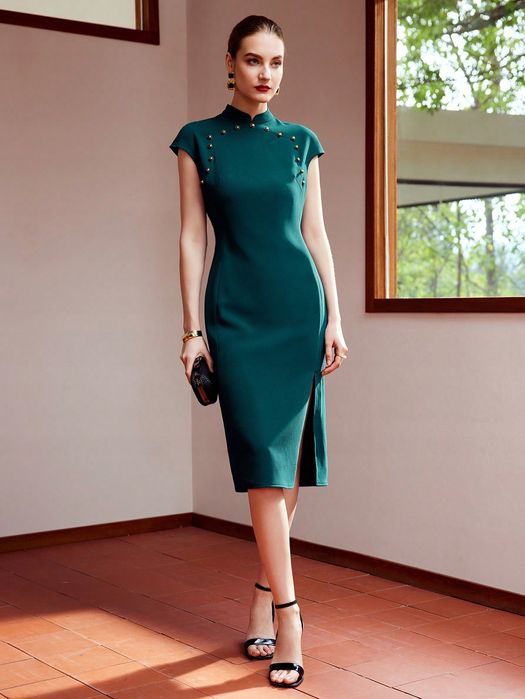 Sukienka Elegancka Ołówkowa Midi Ze Stójką Zielona Motf Premium M 38