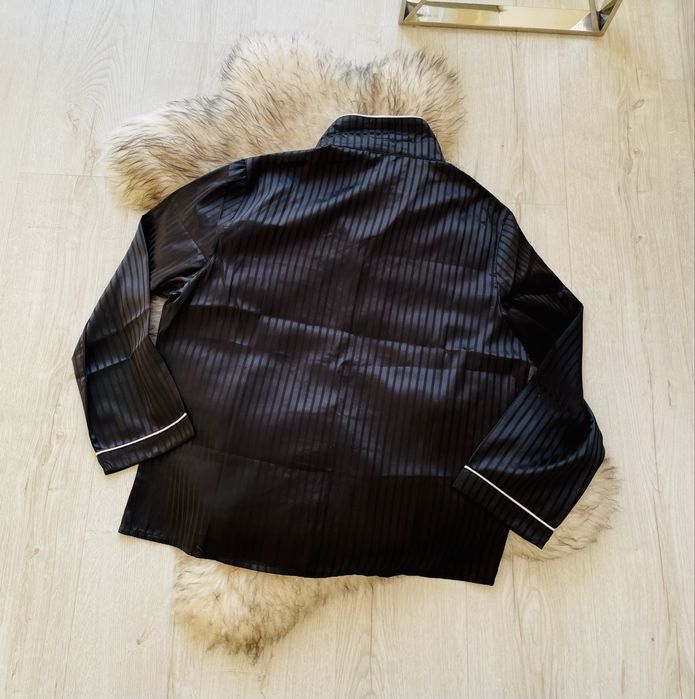 Czarna jedwabna koszula nocna piżama do spania rozpinana w paski XL