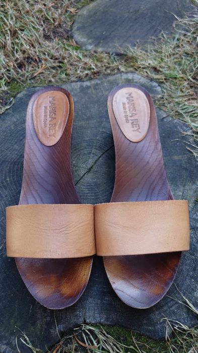 Marisa Rey brązowe skórzane klapki drewniaki platformy. Venezia.