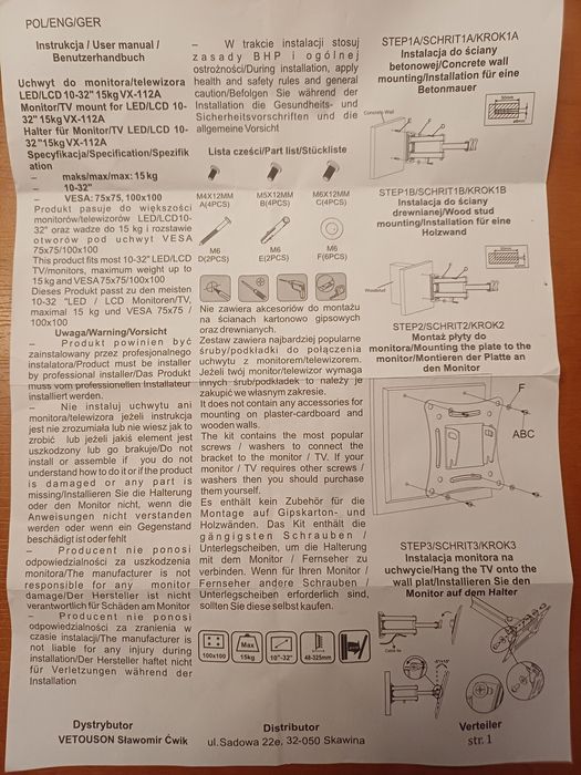 Uchwyt do monitora / telewizora 10-32" 15kg