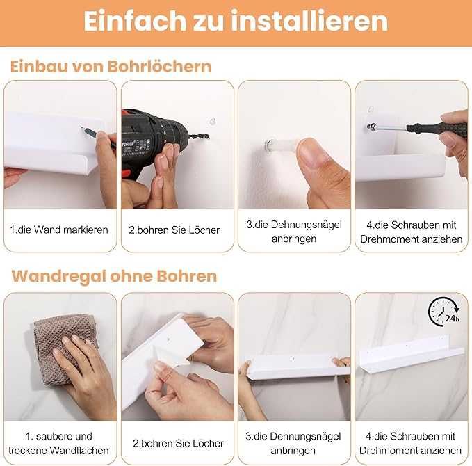 Zestaw 4 półek ściennych (32×10 cm) – bez wiercenia, białe