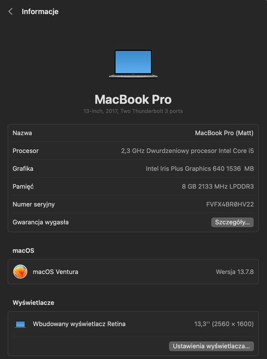 MacBook Pro (13 inch, 2017, 2 TBT3)