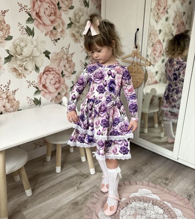 Sukienka dziewczęca fioletowe kwiaty 128 Hebe Kids elegancka nowa
