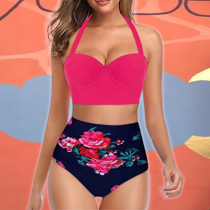 Bikini Wysoki Stan Push-Up Usztywniany Damski Strój Kąpielowy Kwiatowy Wzór Wyszczuplający Modny Stylowy Wiązany Zapinany do Opalania rozm 5XL