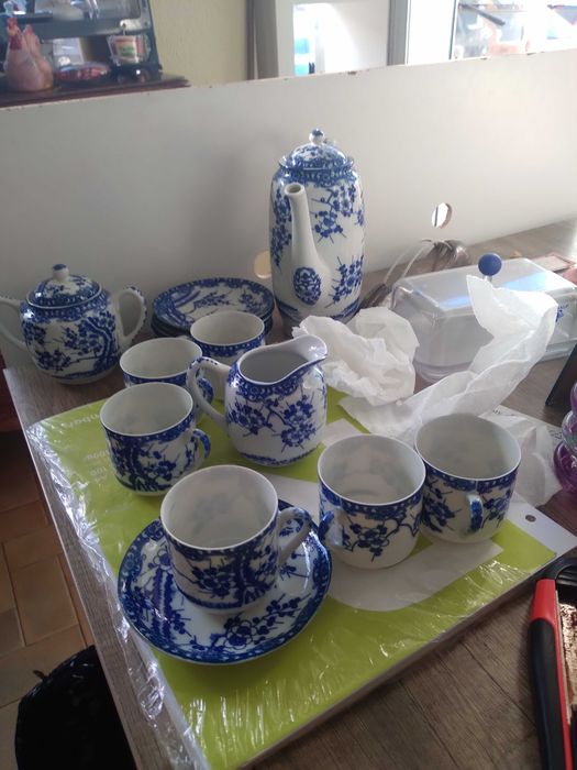 Conjunto de loiça chá Japão completo com litografia no fundo das chávenas