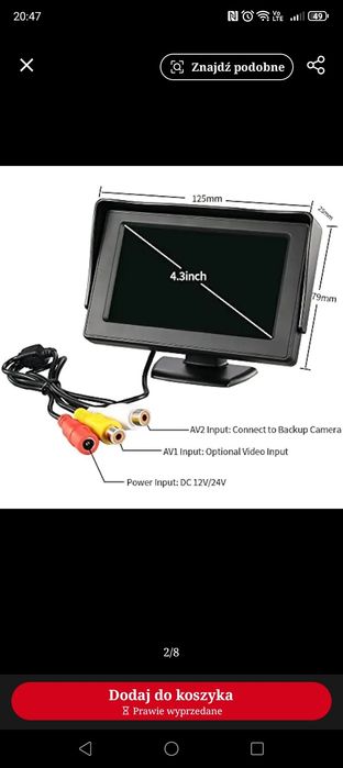 Monitor samochodowy LCD do kamery cofania.