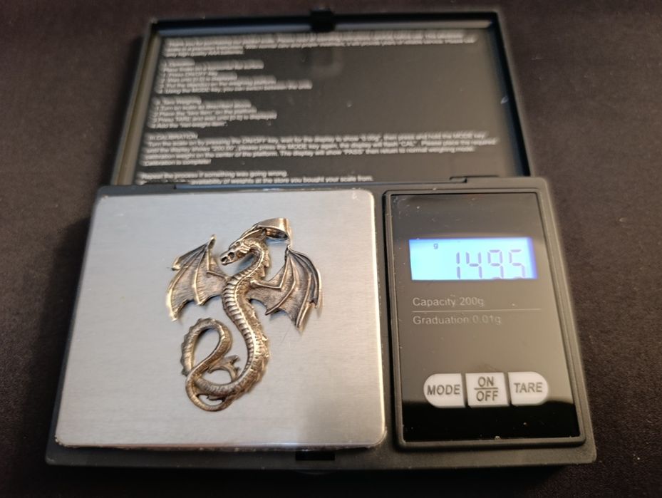 Klasyczny stary srebrny wisiorek srebrny 925,  duży smok , waga 15 g