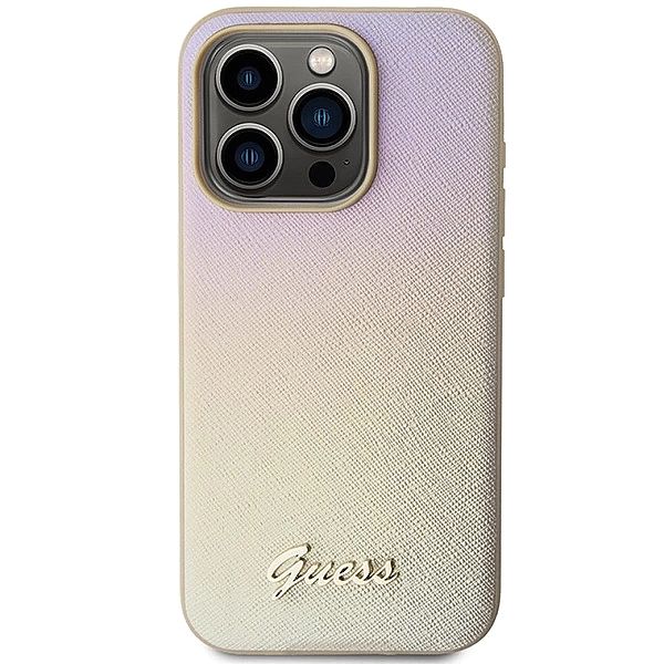 Etui Guess Saffiano Iridescent Script na iPhone 14 Pro Max - złote