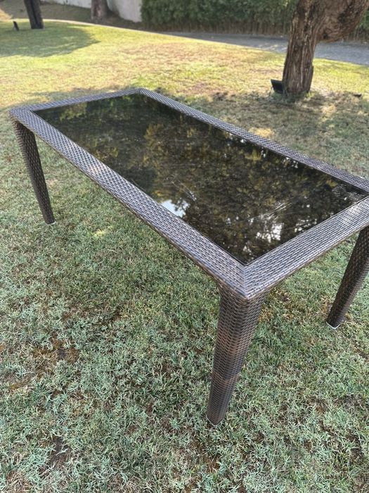 Mesa de Jardim em Vime Sintético com Tampão de Vidro Temperado