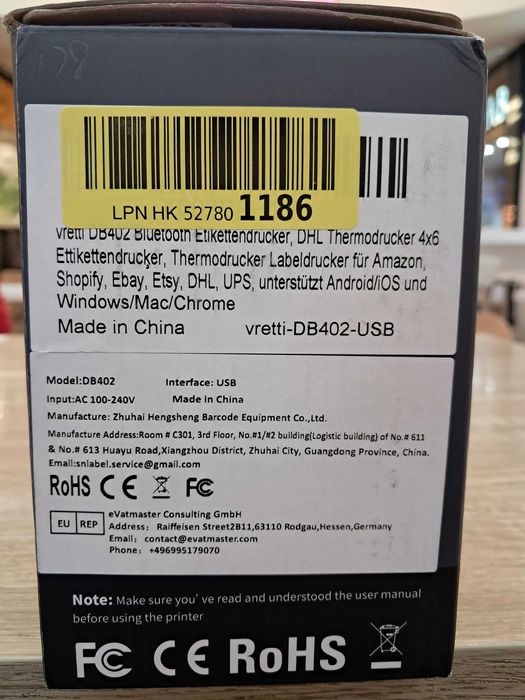 Impressora Thermal Label Printer Vretti DB402