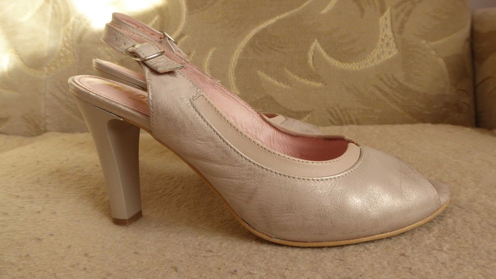 Sandały szpilki pantofle skórzane piękne perłowe beż złoto EKSBUT r.38
