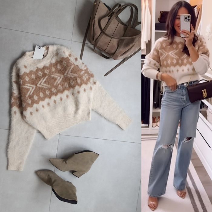 Zara sweter z mechatej dzianiny s 36 kremowy norweski print